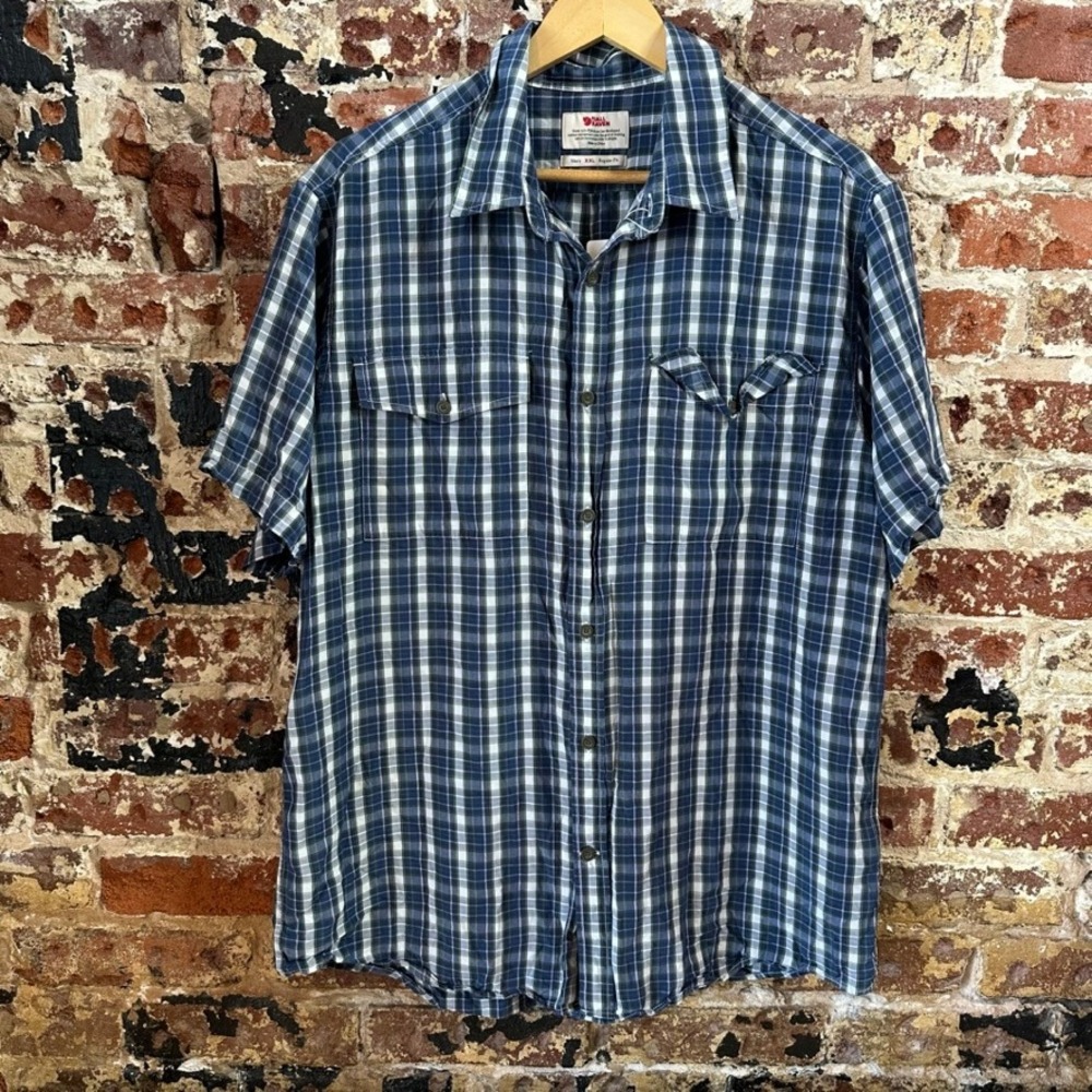FJallraven Short Sleeve Button Up Shirt Blue Plaid Casual Outdoor Mens 2XL